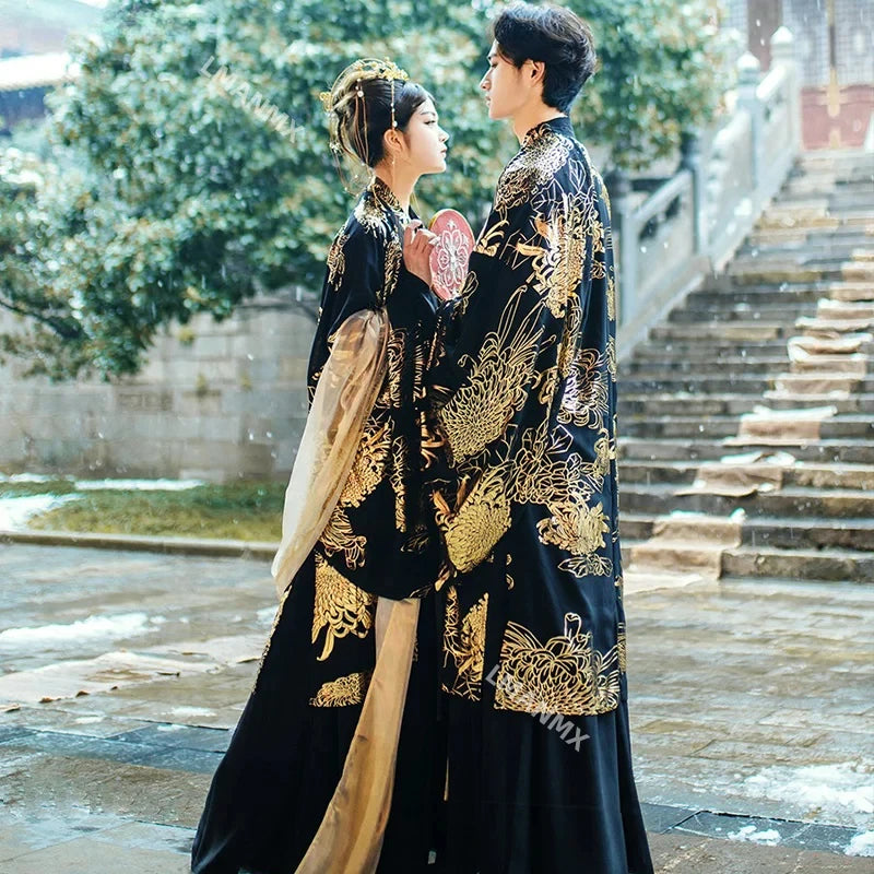 Chinese Dress Black Golden Hanfu Sets Men Women