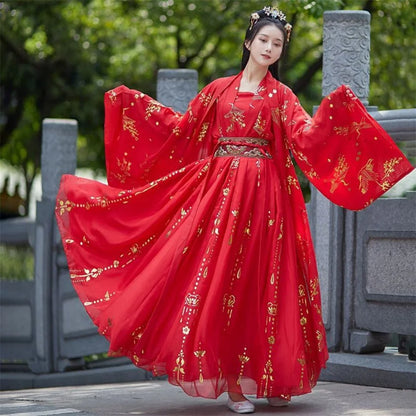 Red white 4pcs Sets Chinese Hanfu Dress