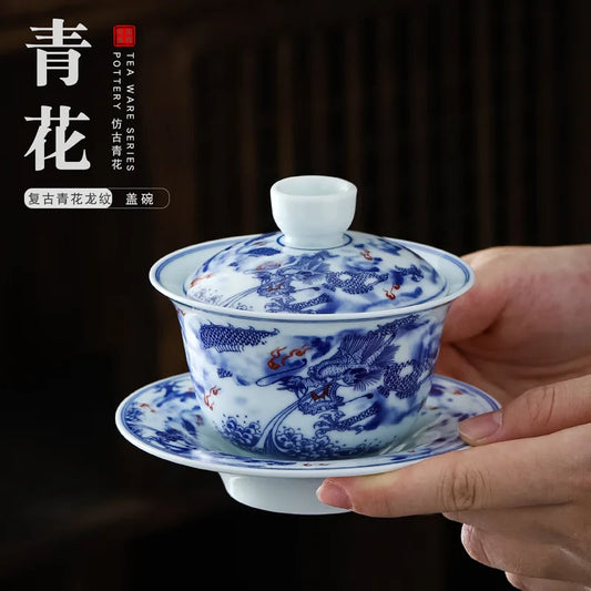 Chinese Retro Sancai Gaiwan Blue and White