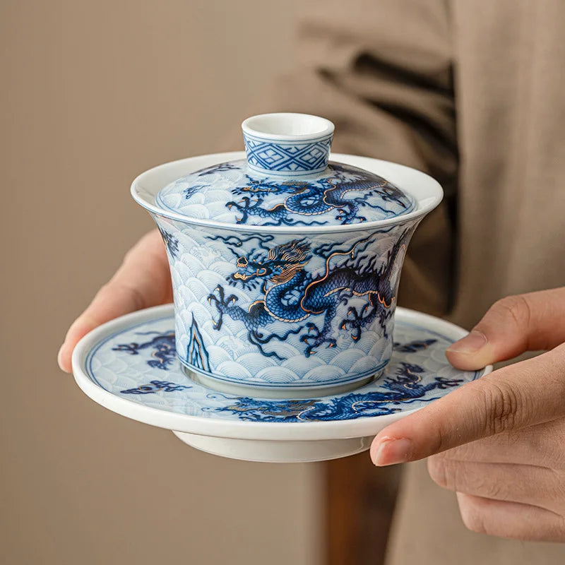 Blue and White Chinese Dragon Gaiwan Tea Set