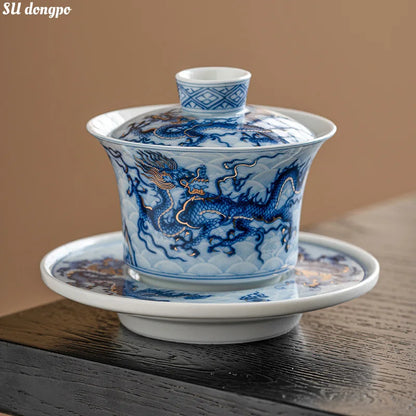 Blue and White Chinese Dragon Gaiwan Tea Set