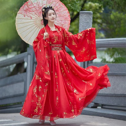 Red white 4pcs Sets Chinese Hanfu Dress