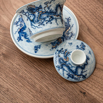 Blue and White Chinese Dragon Gaiwan Tea Set