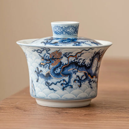 Blue and White Chinese Dragon Gaiwan Tea Set