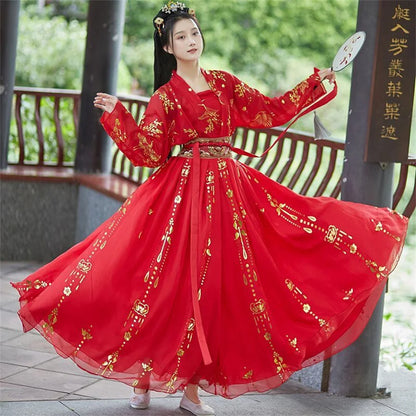 Red white 4pcs Sets Chinese Hanfu Dress