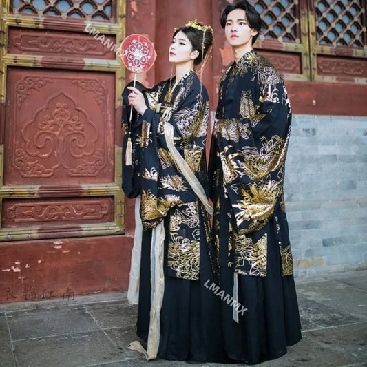 Chinese Dress Black Golden Hanfu Sets Men Women