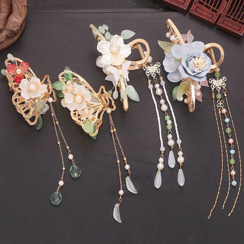 Hanfu Style Flower Butterfly Tassel Hair Clip