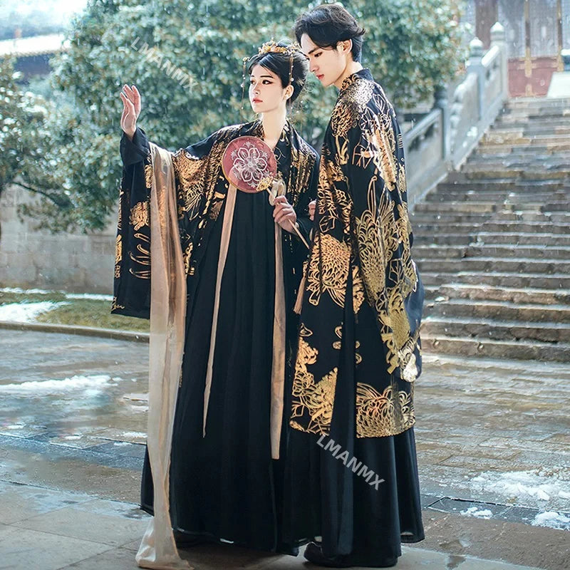 Chinese Dress Black Golden Hanfu Sets Men Women